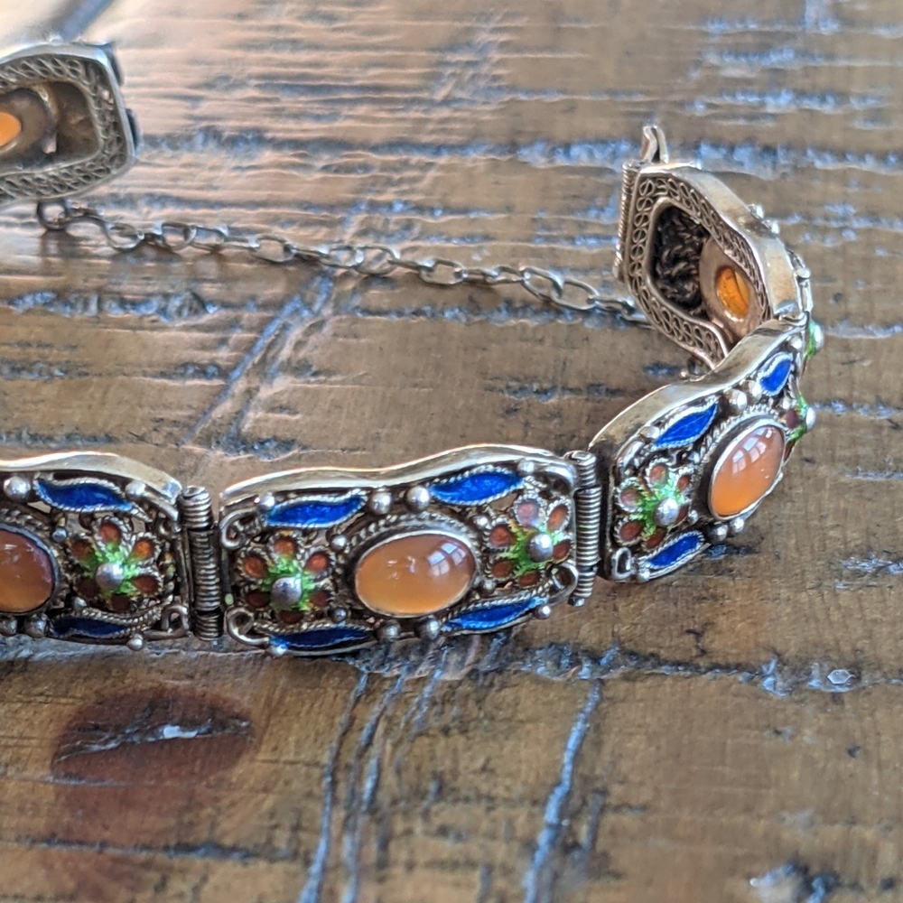 Antique Chinese Bracelet With camphor glass inserts peacock colored enamel